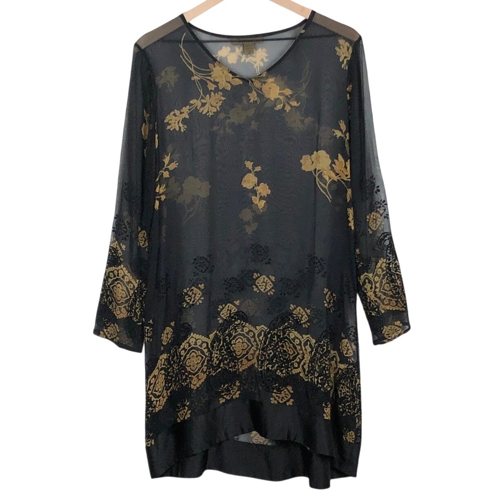 HARARI Silk Burnout Tunic Top Women's S Black Gold Floral Paisley Sheer USA